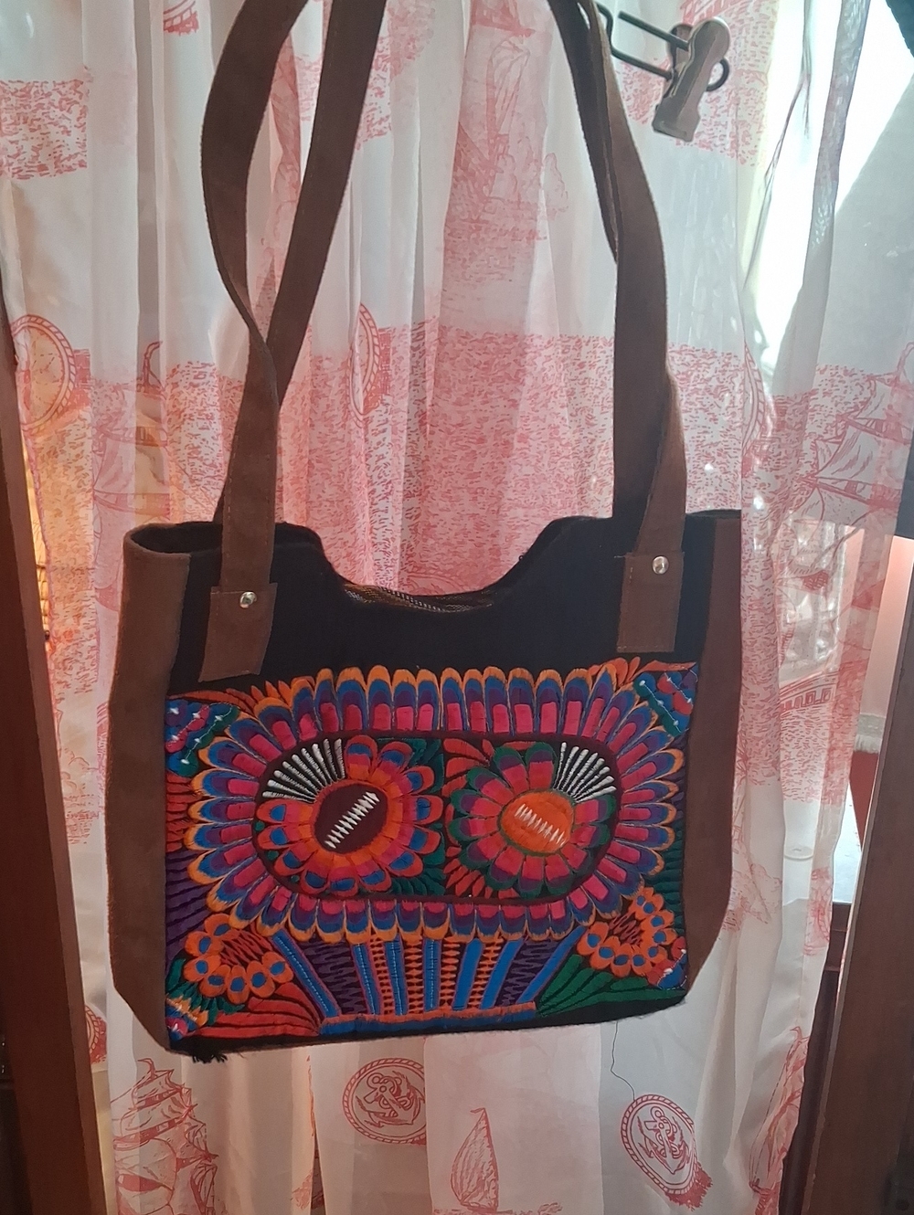 Embroidered Multicolor Tote Bag with Brown Suede Straps